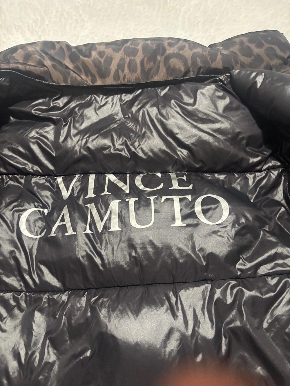 Vince Camuto Black Puffer Jacket with Leopard-Print Hood Lining - Picture 4 of 11